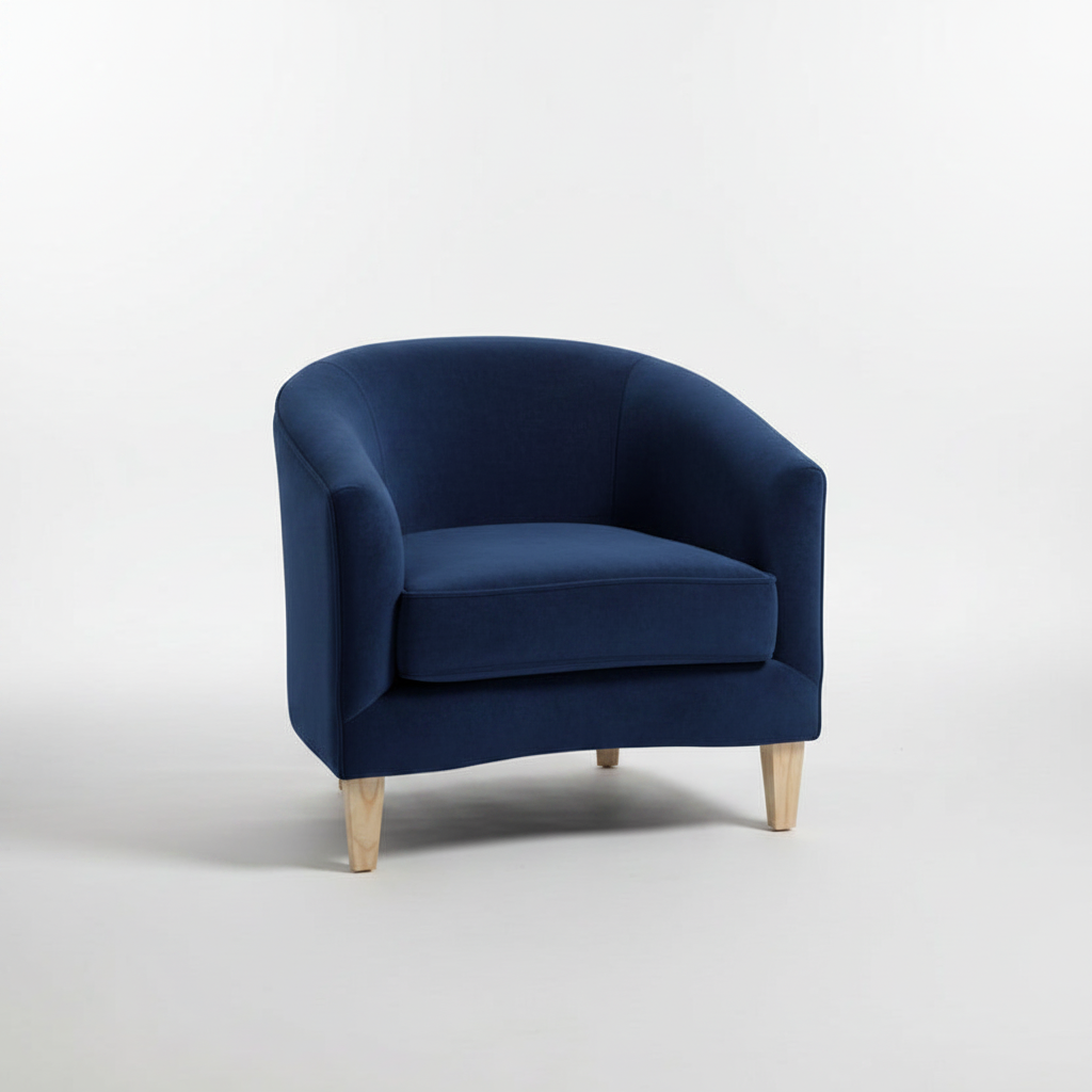 Navy blue armchair with wooden legs on a white background