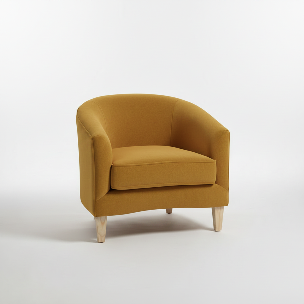 Navy blue armchair with wooden legs on a white background