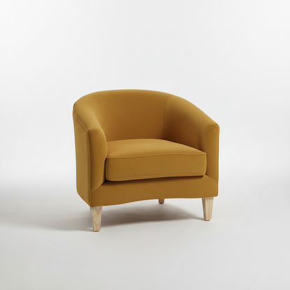Navy blue armchair with wooden legs on a white background