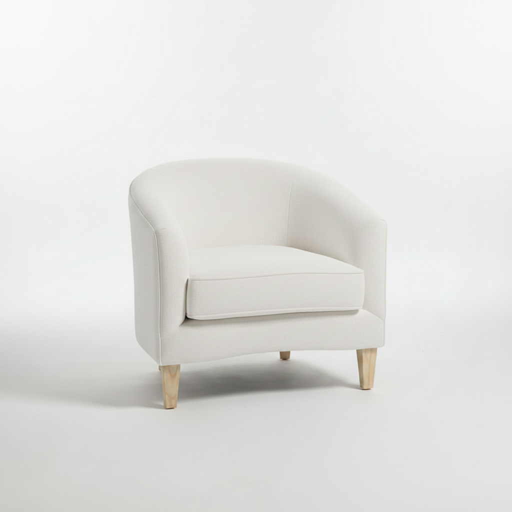 Navy blue armchair with wooden legs on a white background