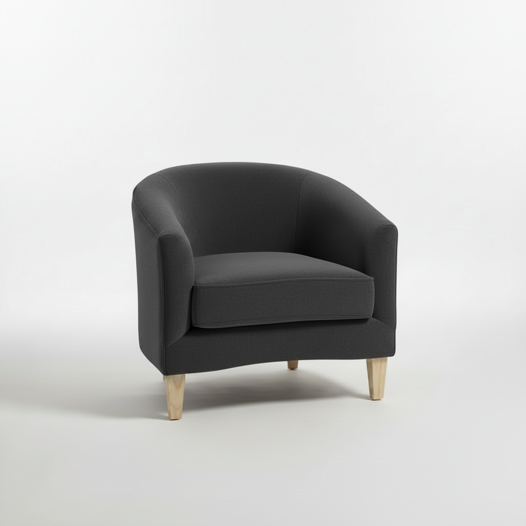 Dark gray armchair with wooden legs on a white background