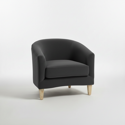 Dark gray armchair with wooden legs on a white background