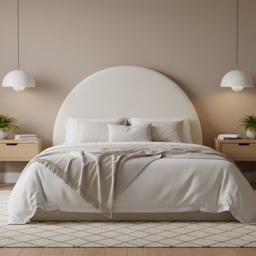 Neatly made bed with white bedding in a room with beige walls and wooden nightstands.