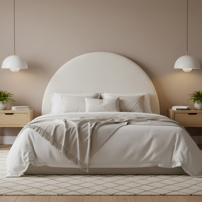 Neatly made bed with white bedding in a room with beige walls and wooden nightstands.