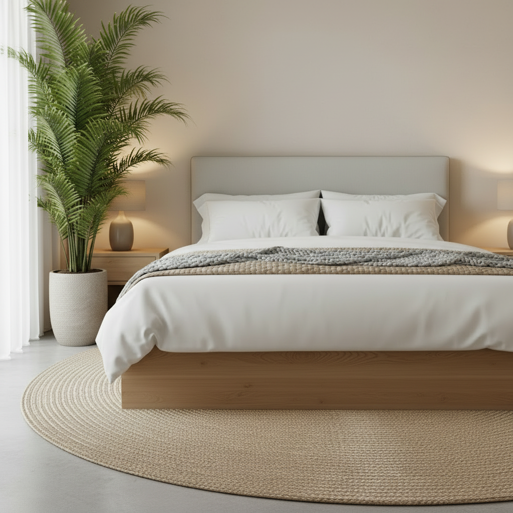 Modern bedroom with a bed, nightstands, and a plant.
