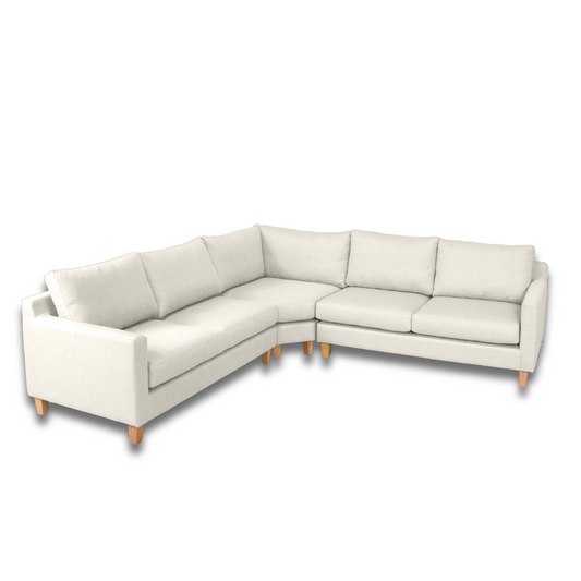 Ryan L-Shaped Corner Couch with wooden legs and thin arms, combining style and comfort.