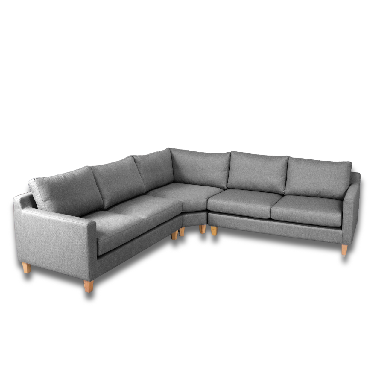 Ryan L-Shaped Corner Couch with wooden legs and thin arms, combining style and comfort.