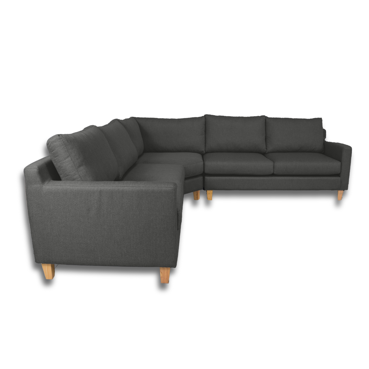 Stylish Ryan L-Shaped Corner Couch with thin arms, customizable in various fabrics and colours.