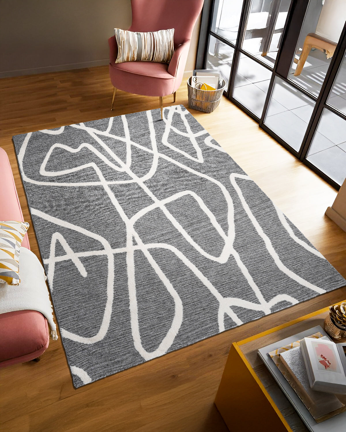 Sketchy Slate rug styled in a living room