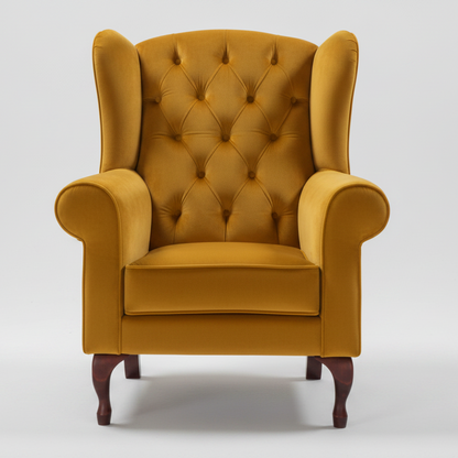 Mustard yellow armchair with buttoned backrest on a white background
