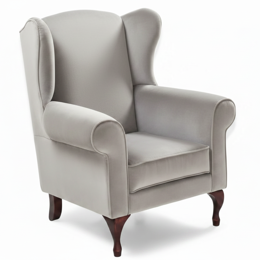 Gray wingback chair on a white background
