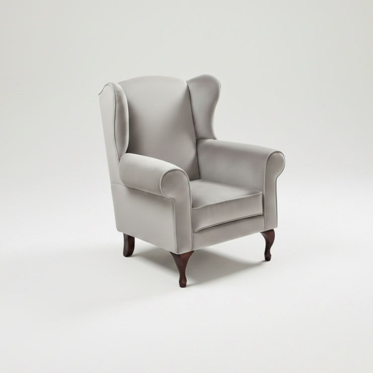 Gray wingback chair on a white background