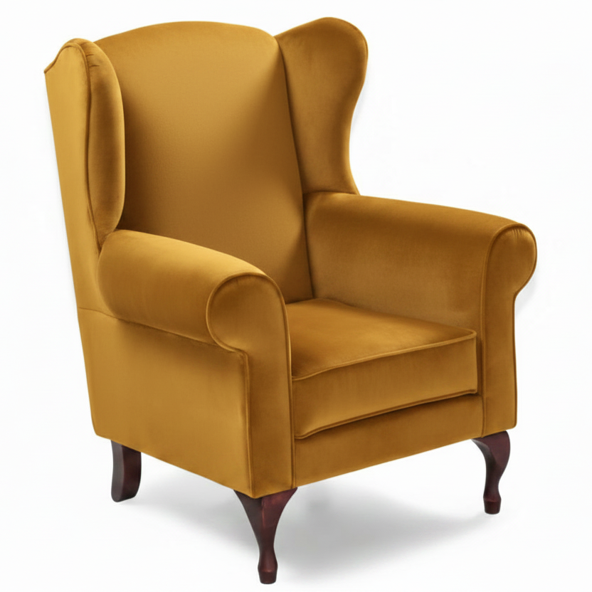 Blue wingback chair on a white background