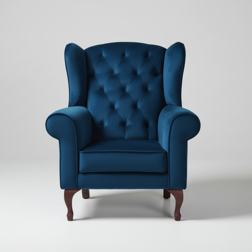 Blue armchair with tufted backrest on a white background