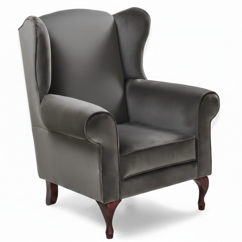 Gray wingback chair on a white background
