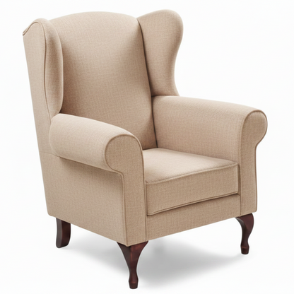 Beige armchair with wooden legs on a white background