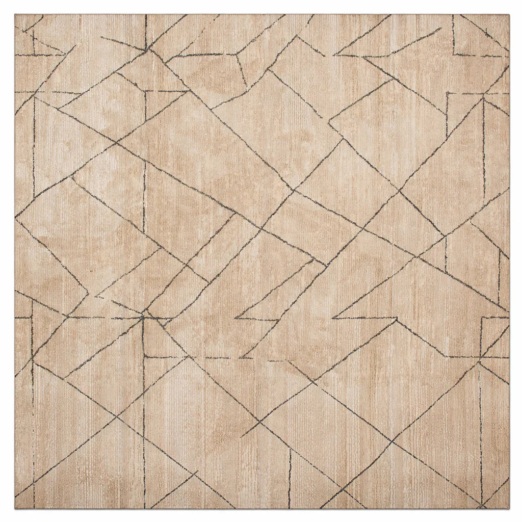 Beige rug with black geometric pattern on a white background