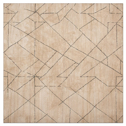 Beige rug with black geometric pattern on a white background