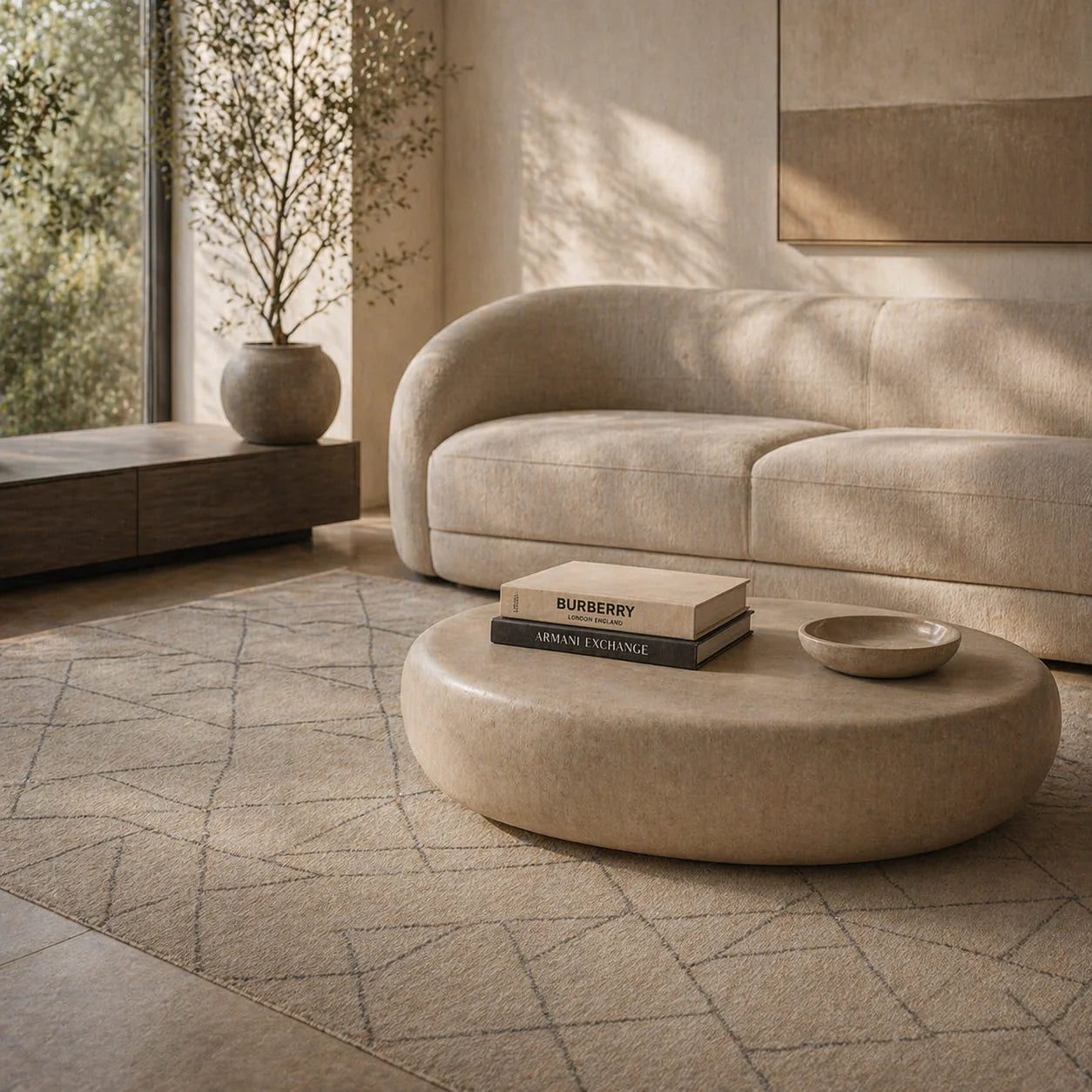 Modern living room with a beige sofa and round coffee table.