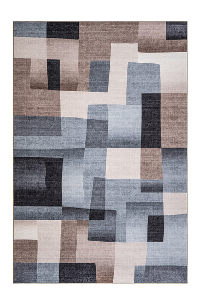 Rectangular area rug with geometric pattern on a white background
