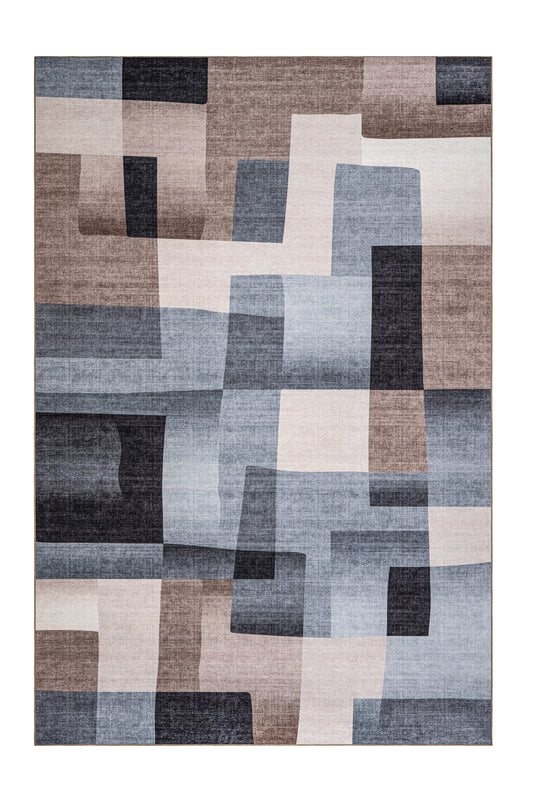Rectangular area rug with geometric pattern on a white background