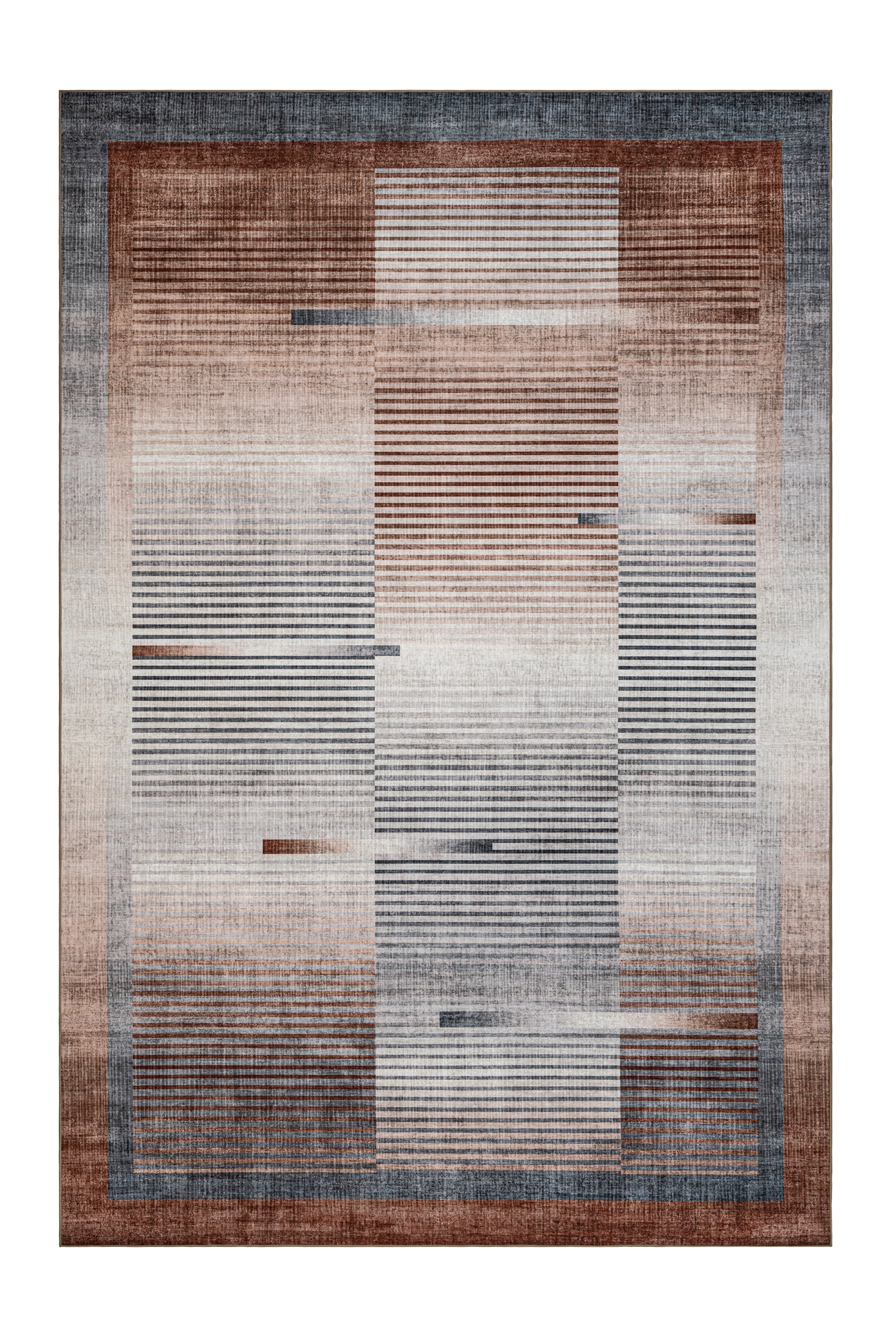 Rectangular area rug with a geometric pattern on a white background