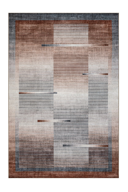 Rectangular area rug with a geometric pattern on a white background