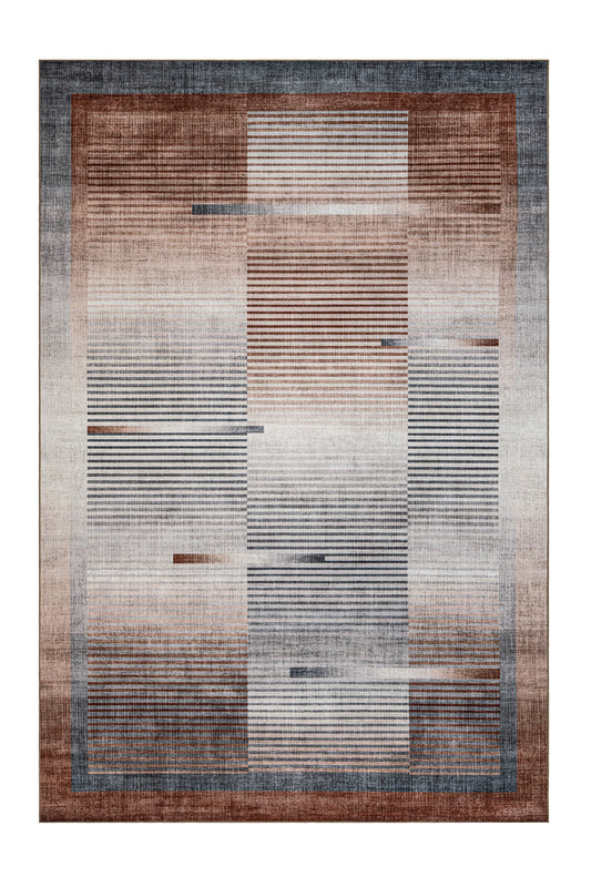 Rectangular area rug with a geometric pattern on a white background