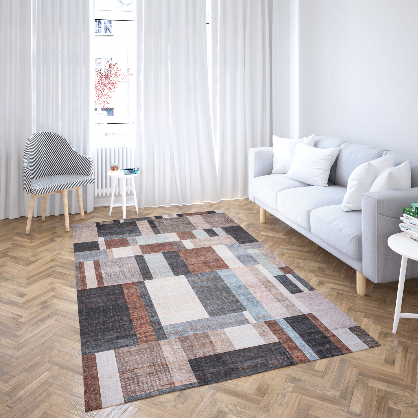 Living room with a checkered area rug on wooden flooring