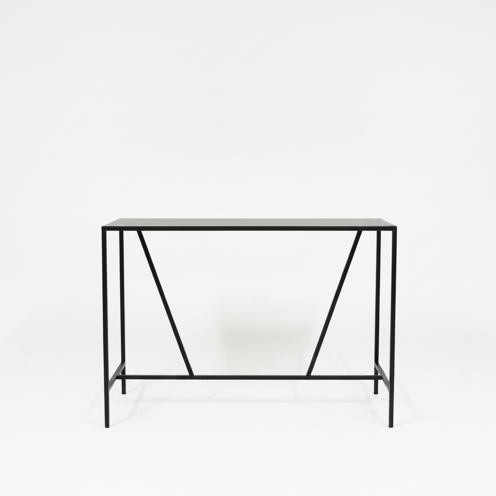 Black metal console table on a white background