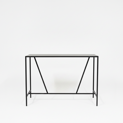 Black metal console table on a white background