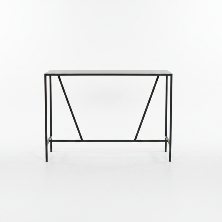 Minimalist black metal console table on a white background
