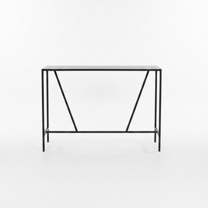 Minimalist black metal console table on a white background