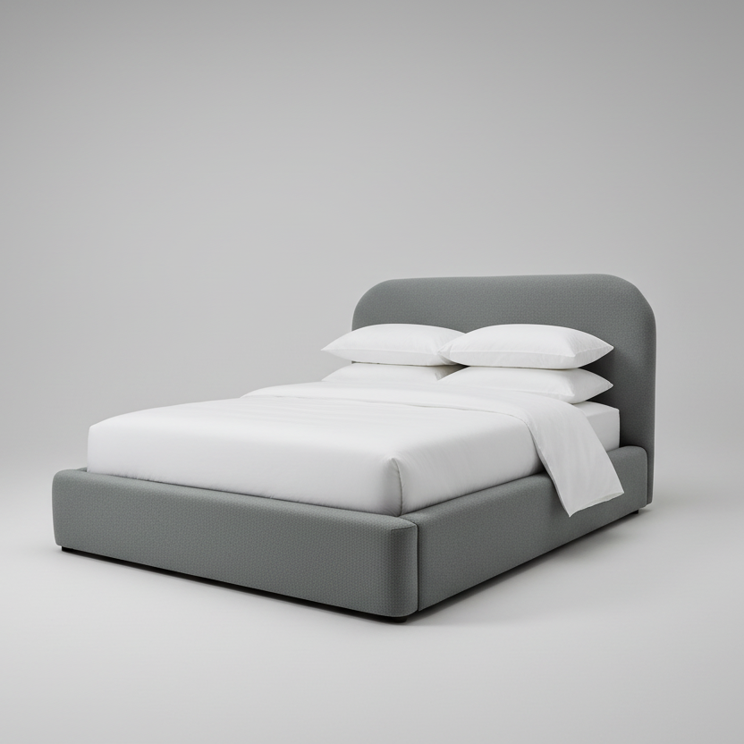 Gray bed with white bedding on a gray background
