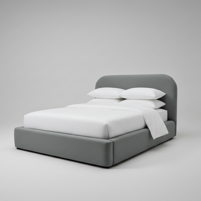 Gray bed with white bedding on a gray background