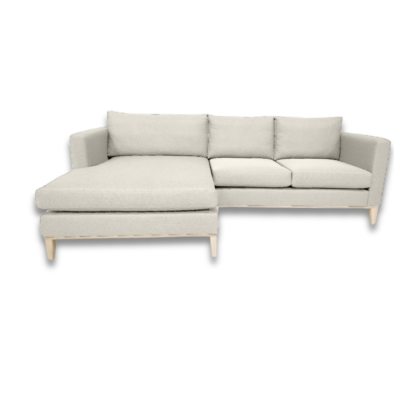 L-shaped Woodlands Daybed with natural wood finish, ideal for rustic and modern interiors.