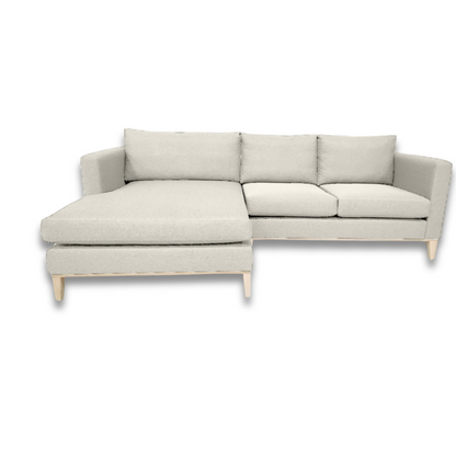 L-shaped Woodlands Daybed with natural wood finish, ideal for rustic and modern interiors.