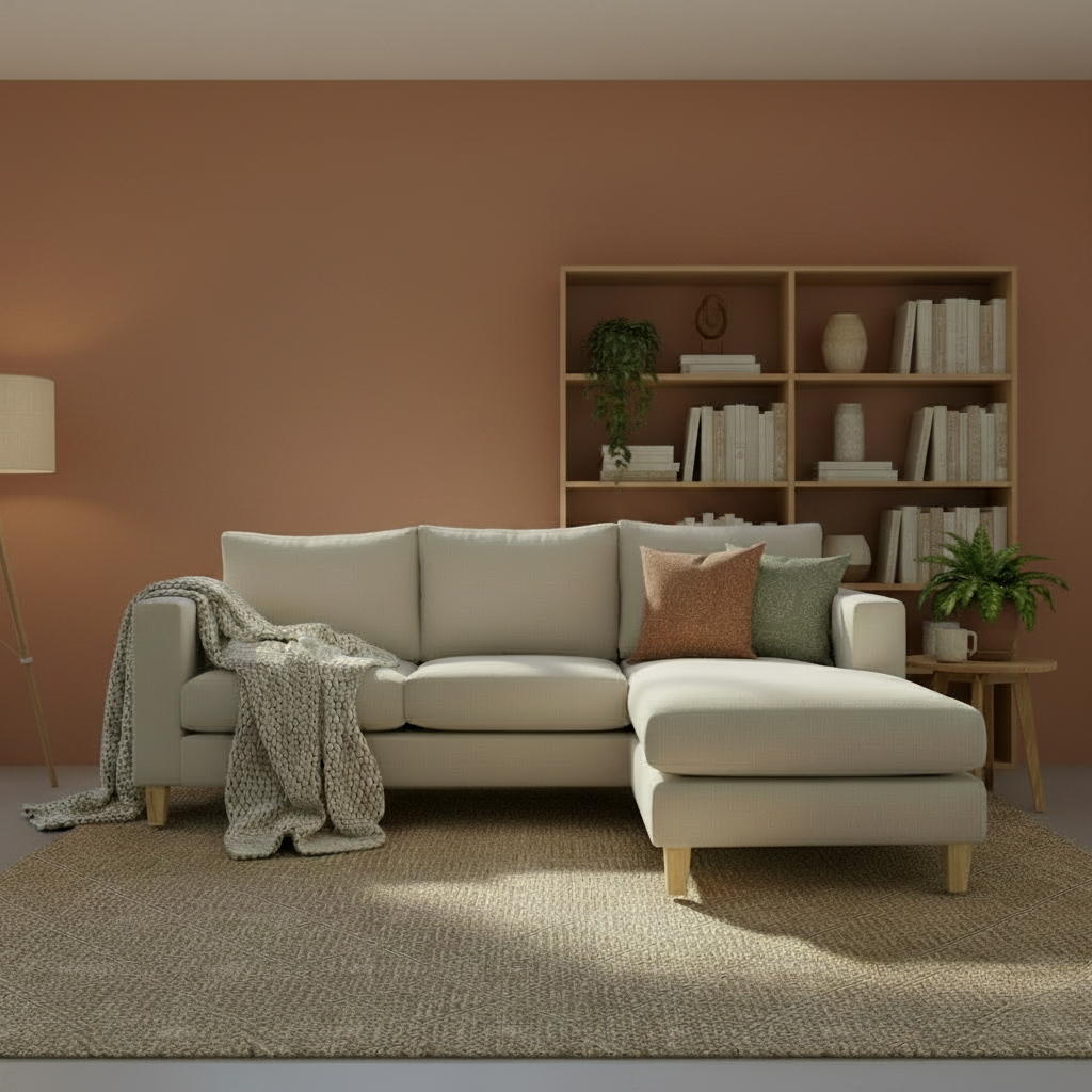 Beige sectional sofa in a living room with a bookshelf and decor items.