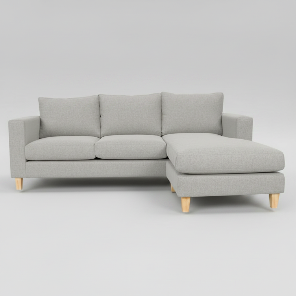 Beige sectional sofa on a light gray background
