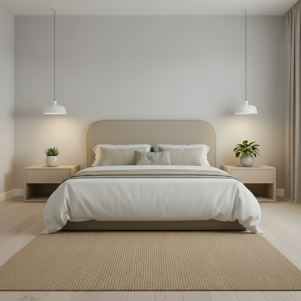 Modern bedroom with a bed, nightstands, and pendant lights.