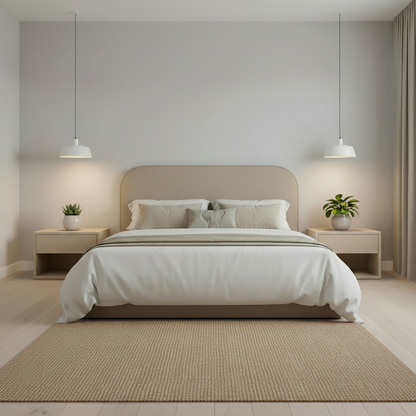 Modern bedroom with a bed, nightstands, and pendant lights.
