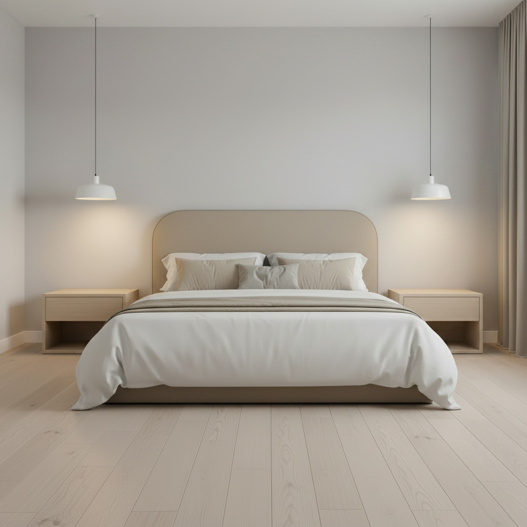 Modern bedroom with a bed, nightstands, and pendant lights.