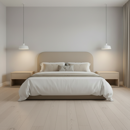 Modern bedroom with a bed, nightstands, and pendant lights.