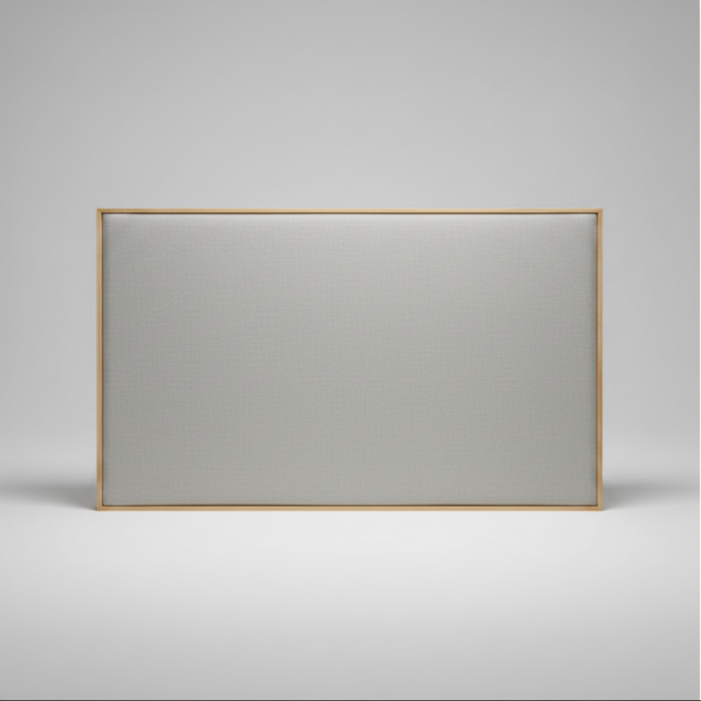 grey upholstered headboard with a oak wooden frame