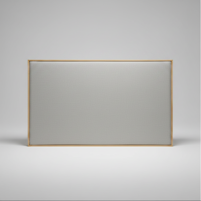 grey upholstered headboard with a oak wooden frame