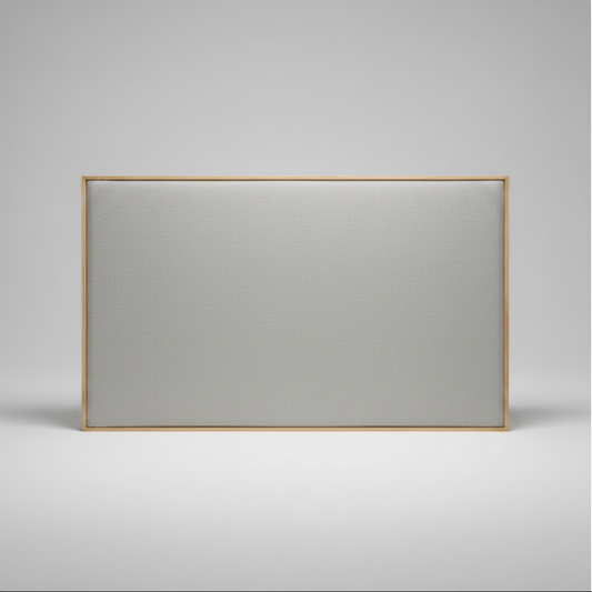 grey upholstered headboard with a oak wooden frame
