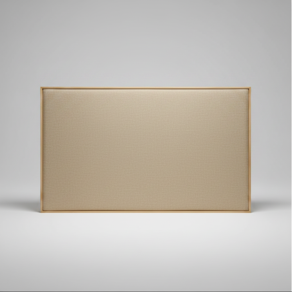 Upholstered headboard with oak wooden frame on a grey background