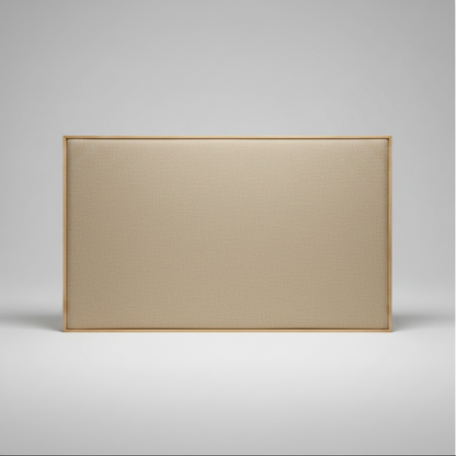 Upholstered headboard with oak wooden frame on a grey background