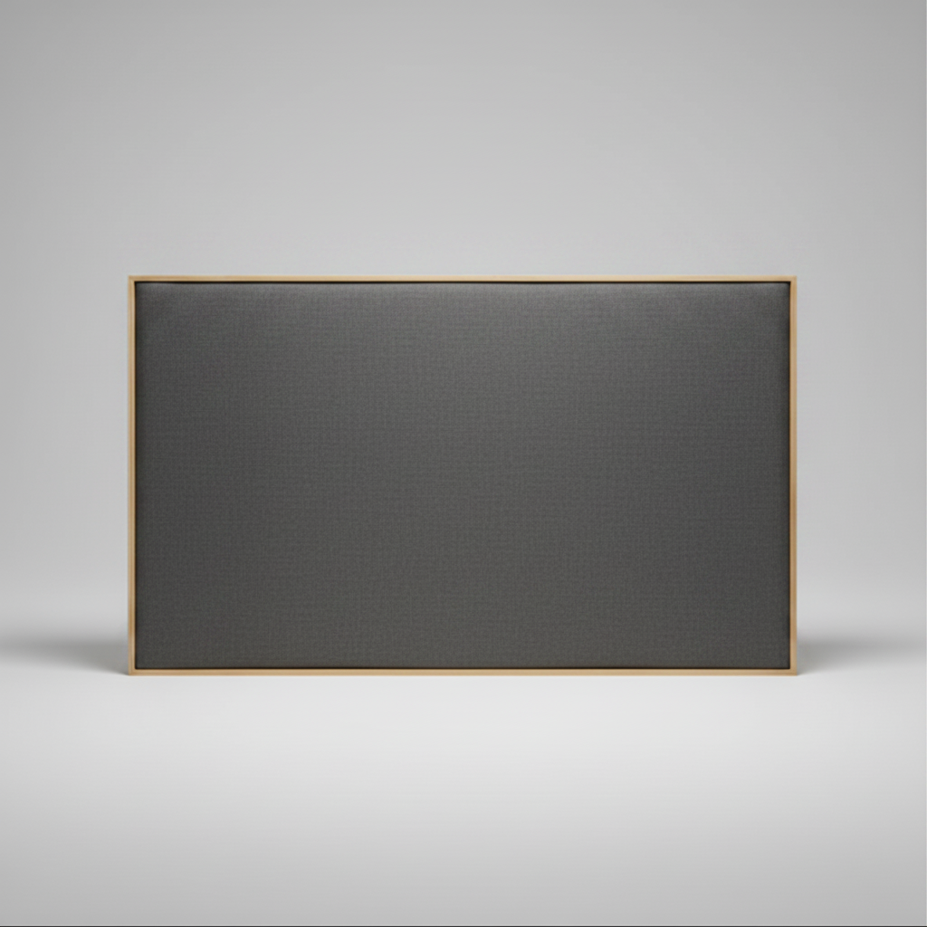 Upholstered headboard with oak wooden frame on a grey background