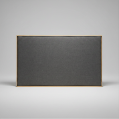 Upholstered headboard with oak wooden frame on a grey background